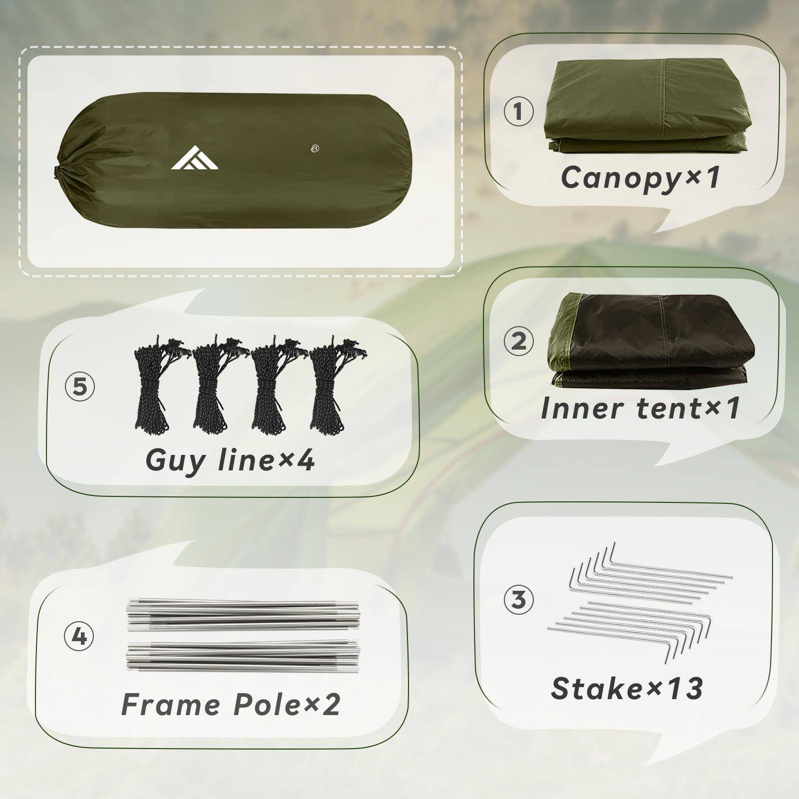 1. Canopy x1  
2. Inner tent x1  
3. Stake x13  
4. Frame Pole x2  
5. Guy line x4