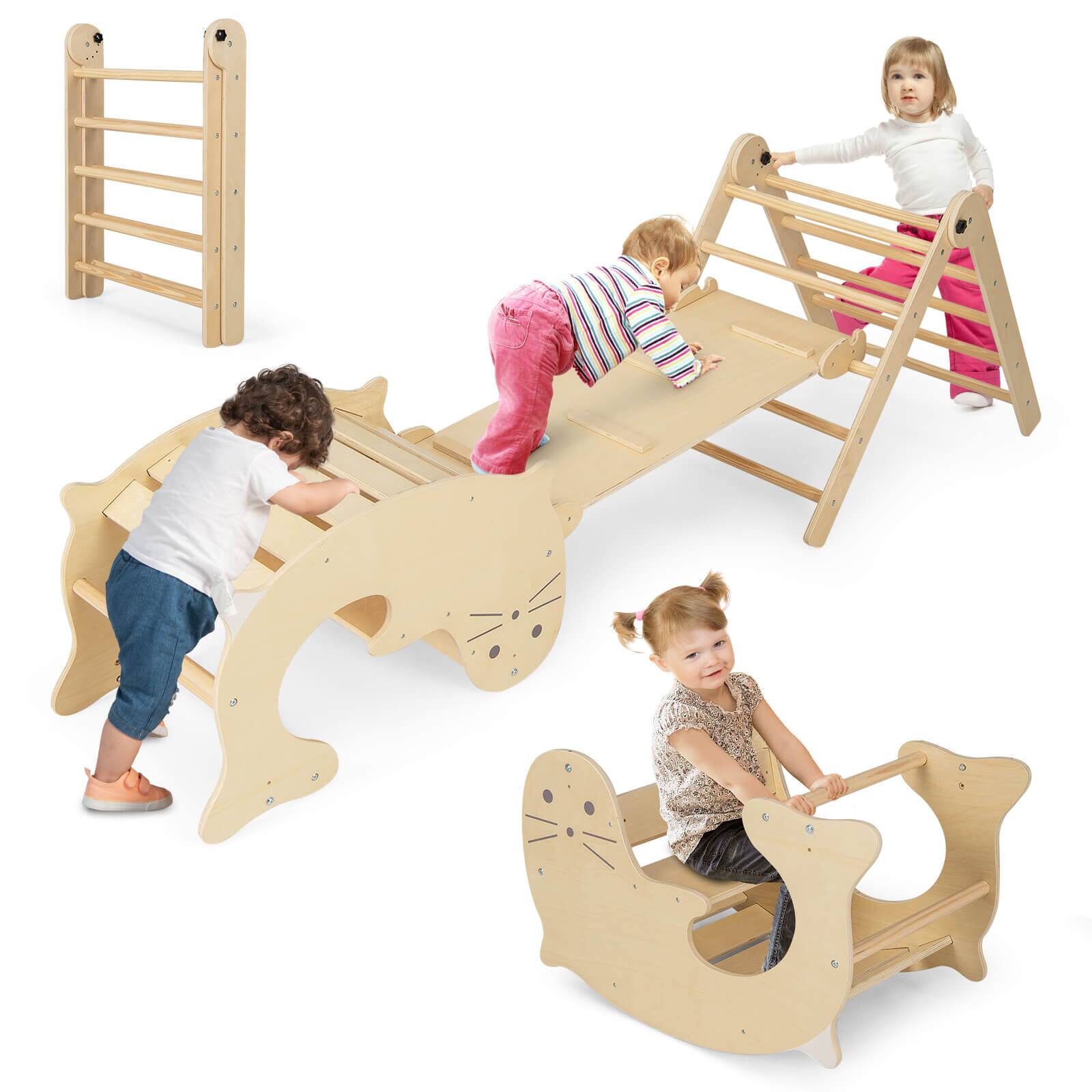 Costway - 7-in-1 Indoor Climbing Toys for Toddlers w/ Reversible Ramp Sea Lion Rocker - Natural