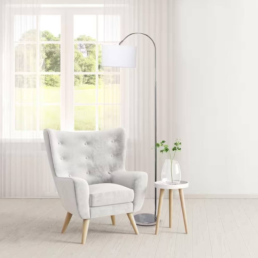 Left. Hivvago - Modern Mid-Century Floor Lamp in Brushed Nickel Finish with White Drum Shade - White, Brushed Nickel Finish.