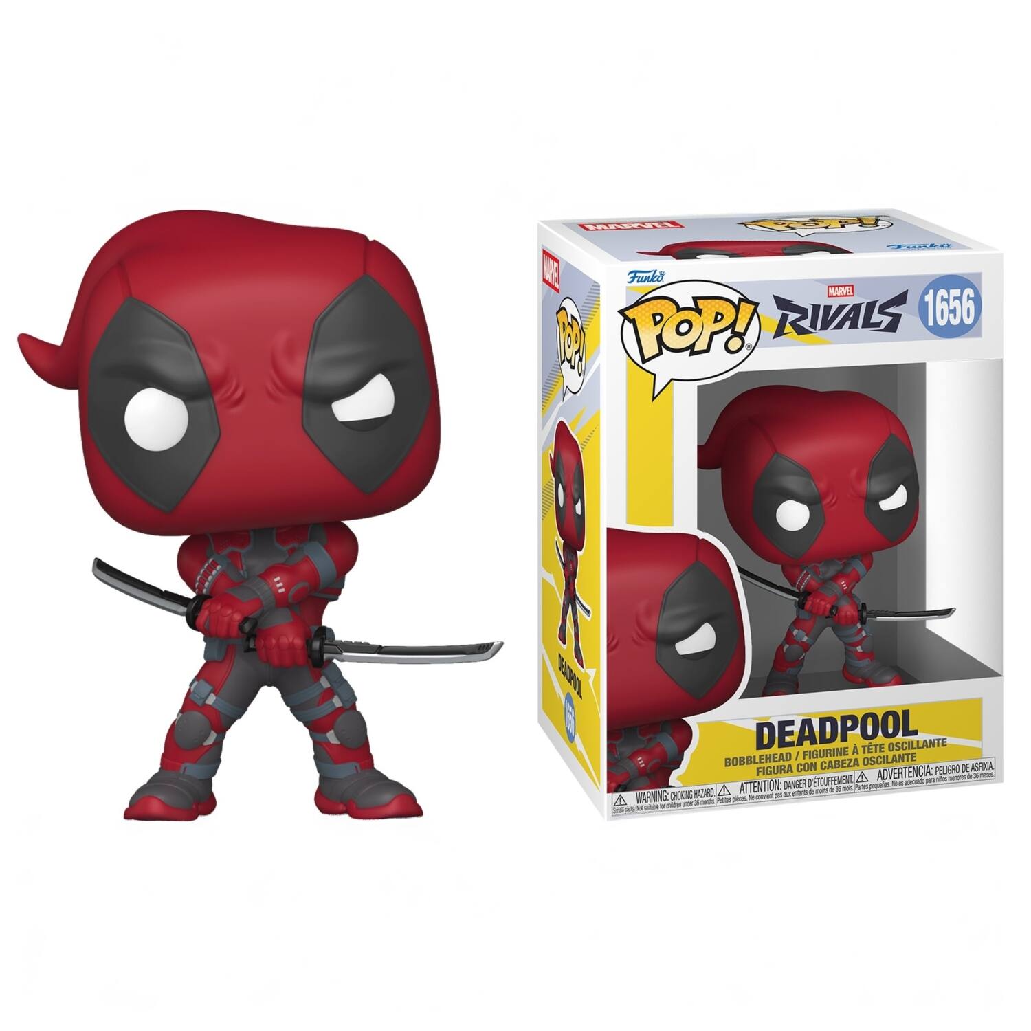 MARVEL YOP! Funko Funko MARVEL RIVALS 1656 POP!  
DEADPOOL / FIGURINE TTE OSCILLANTE BOBBLEHEAD CON CABEZA OSCILANTE DE ASPA, FIGURA  
ADVERTENCIA: PELIGRO 5 5 neses TOUFFEMENT 4 abouch part de news ATTENTION: DANGER Parter, peppeas be A i triam 3 a mois, 2AIPAN CHOKING HAZARD comment t added A Pater, plas.