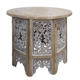 Manhattan Lane - Accent Side Table, 24 Inch Round Top, Mango Wood Floral Cut Out Carved Motifs - Natural Brown, Washed White