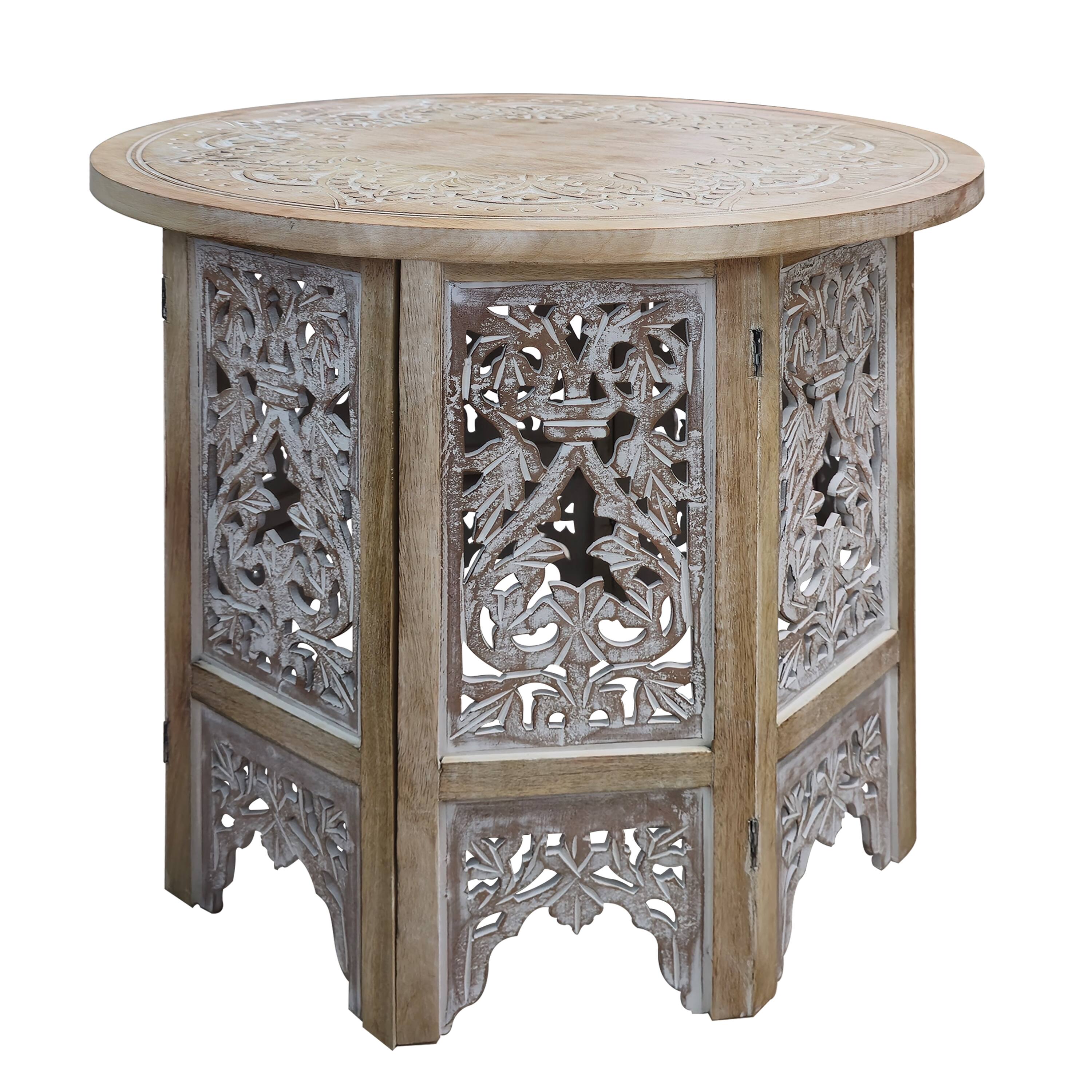 Front. Manhattan Lane - Accent Side Table, 24 Inch Round Top, Mango Wood Floral Cut Out Carved Motifs - Natural Brown, Washed White.
