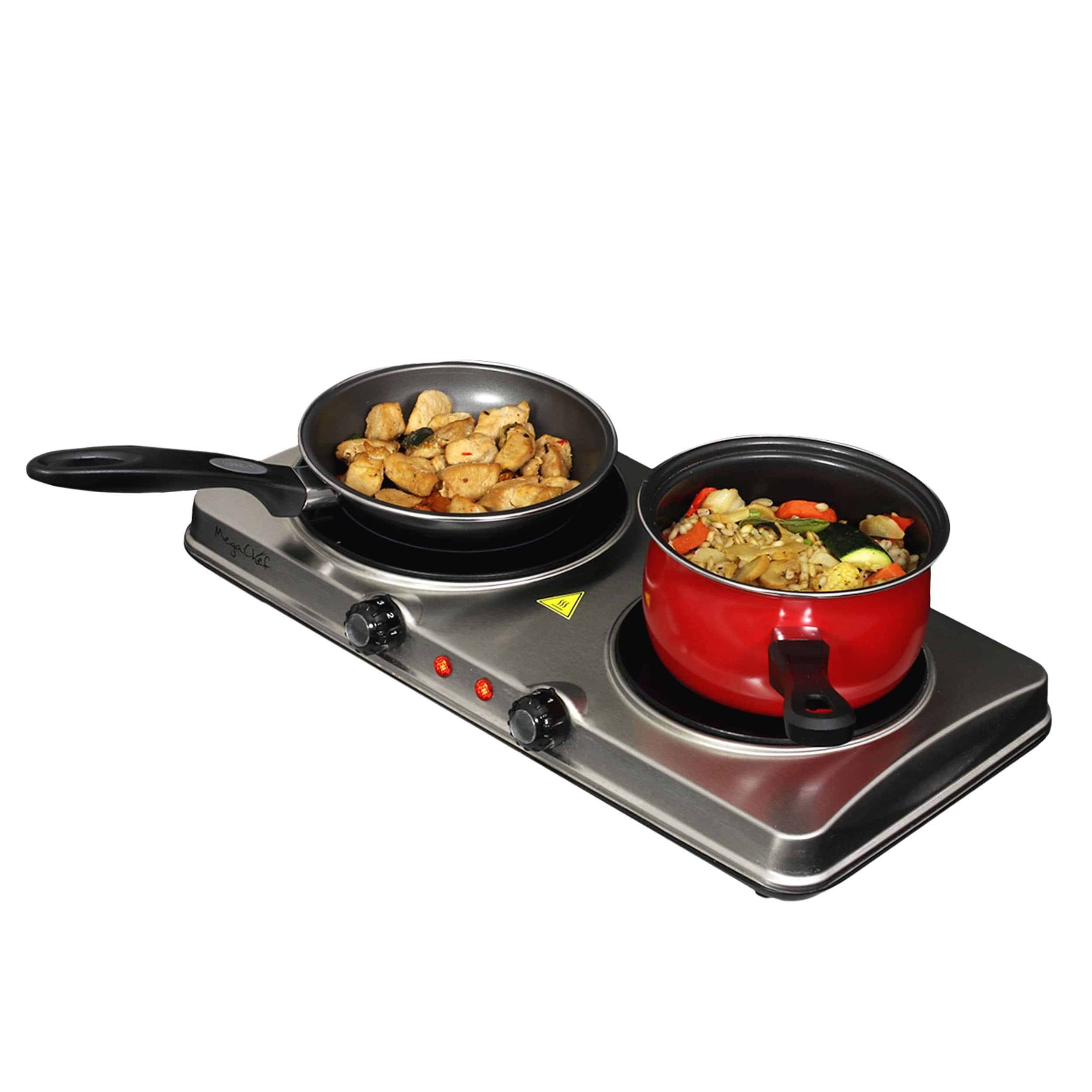 MegaChef - Electric Easily Portable Heavy Duty Lightweight Dual Size Infrared Burner Cooktop Buffet Range in Sleek Steel - Silver