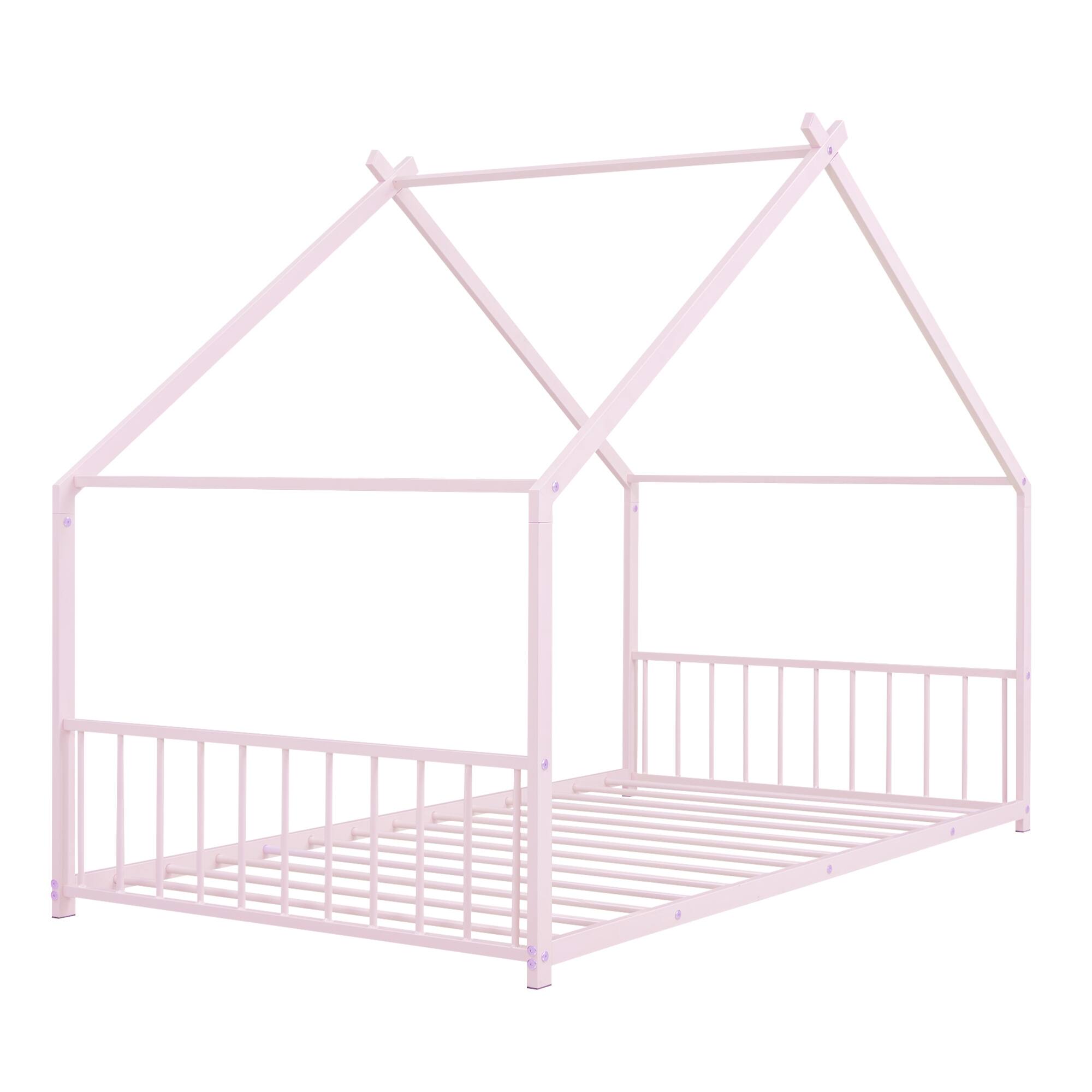 Left. GOODSILO - Twin Size Metal House Frame Bed with Playful Roof Design for Children's Bedroom and Play Area - Pink.