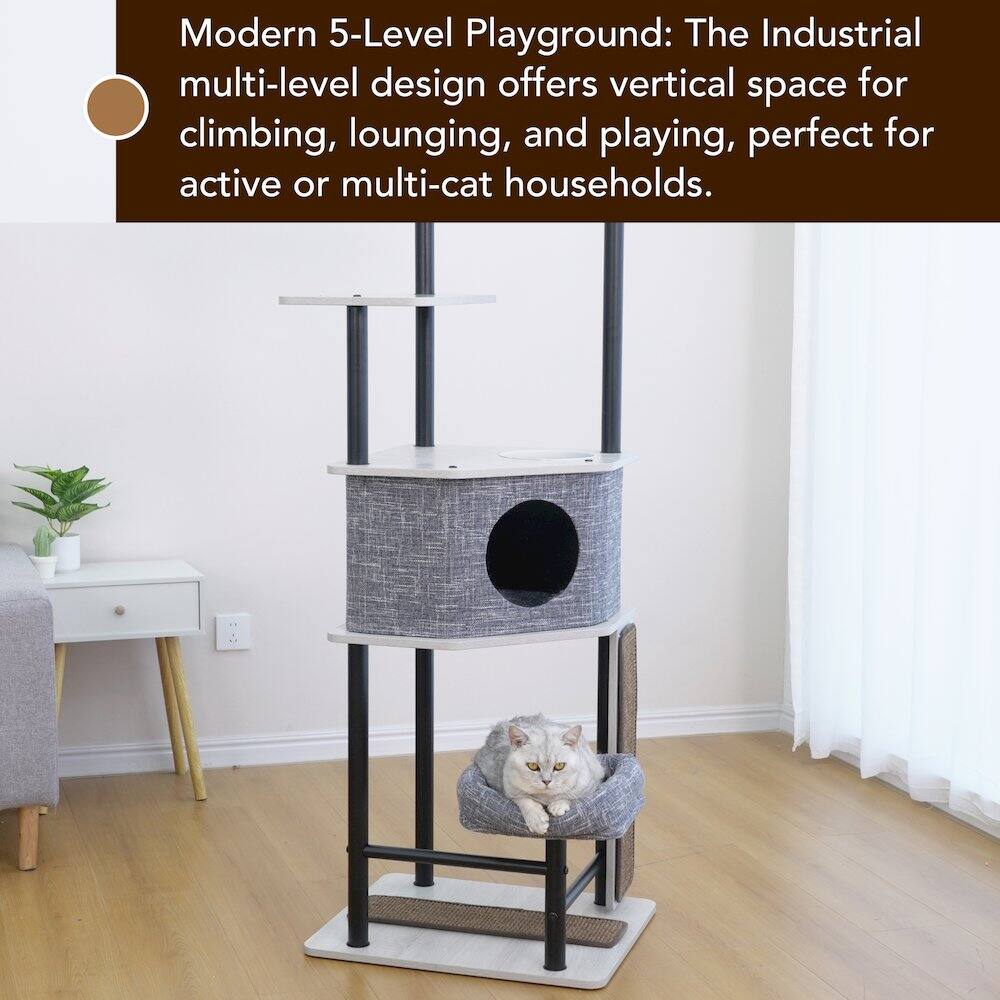 Modern 5-Level Playground: The Industrial multi-level design offers vertical space for climbing, lounging, and playing, perfect for active or multi-cat households.