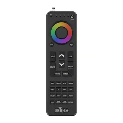 - : 1 4 ON/OFF GROUP BLACK OUT AUTO FADE SOUND SPEED/ SENSITIVITY STROBE DIMMER RED GREEN BLUE AMBER WHITE UV PAN TILT COLOR GOBO PRISM FOCUS ZOOM GOBO PRISM ROTATE ROTATE FREEZE CHAUVET DJ