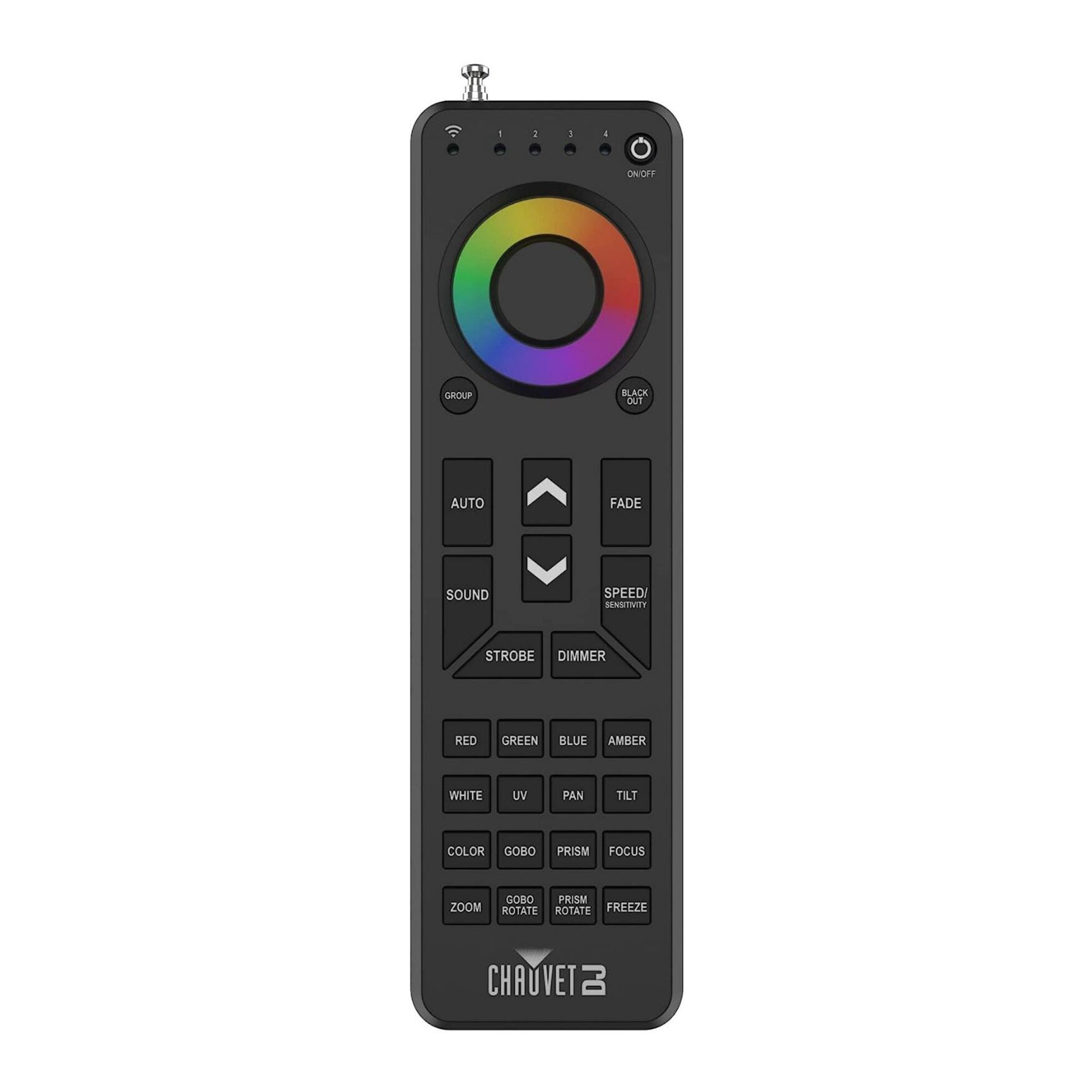 - : 1 4 ON/OFF GROUP BLACK OUT AUTO FADE SOUND SPEED/ SENSITIVITY STROBE DIMMER RED GREEN BLUE AMBER WHITE UV PAN TILT COLOR GOBO PRISM FOCUS ZOOM GOBO PRISM ROTATE ROTATE FREEZE CHAUVET DJ