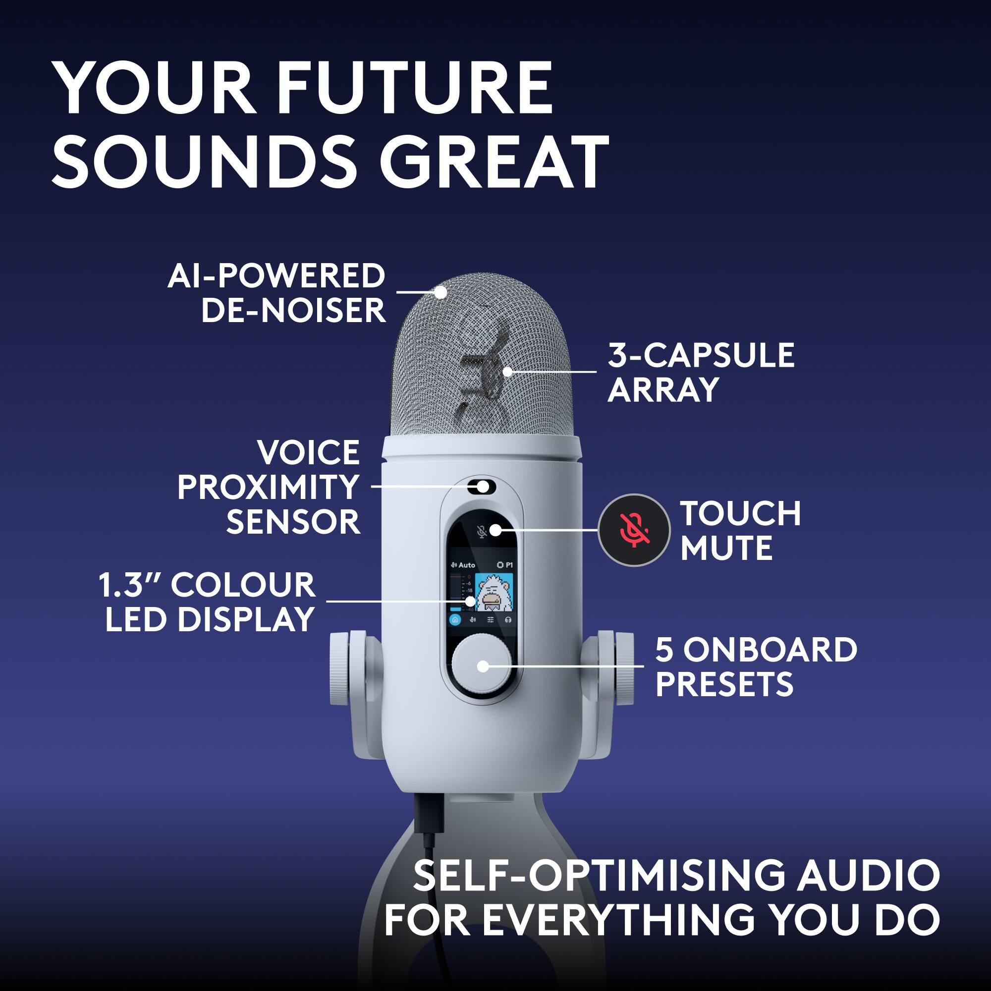 YOUR FUTURE SOUNDS GREAT

AI-POWERED DE-NOISER  
3-CAPSULE ARRAY  
VOICE PROXIMITY SENSOR  
1.3" COLOUR LED DISPLAY  
TOUCH MUTE  
5 ONBOARD PRESETS  
SELF-OPTIMISING AUDIO FOR EVERYTHING YOU DO