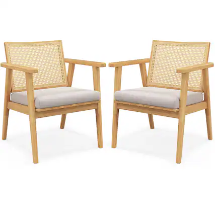 Front. Ecooso - Set of 2 Mid-Century Modern Accent Chairs with Breathable Rattan Backrest - Natural.