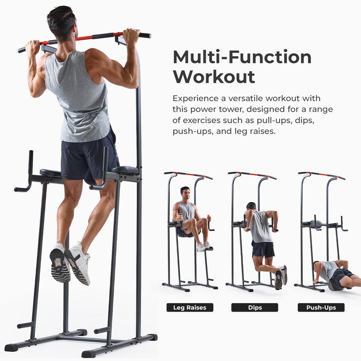 Multi-Function Workout

Experience a versatile workout with this power tower, designed for a range of exercises such as pull-ups, dips, push-ups, and leg raises.

Leg Raises  
Dips  
Push-Ups