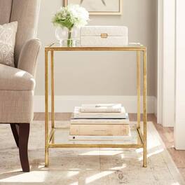 Hivvago - Square Accent Side Table Metal Frame Glass Top Bottom Shelf Sofa Table - Gold