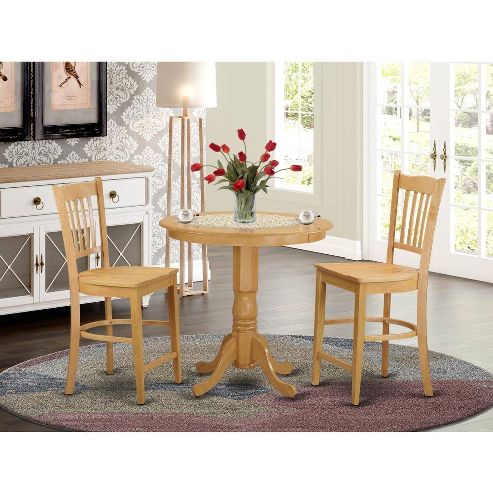 Back. East West Furniture - 3 Pc counter height Dining room set - high top Table and 2 bar stools. - Oak.