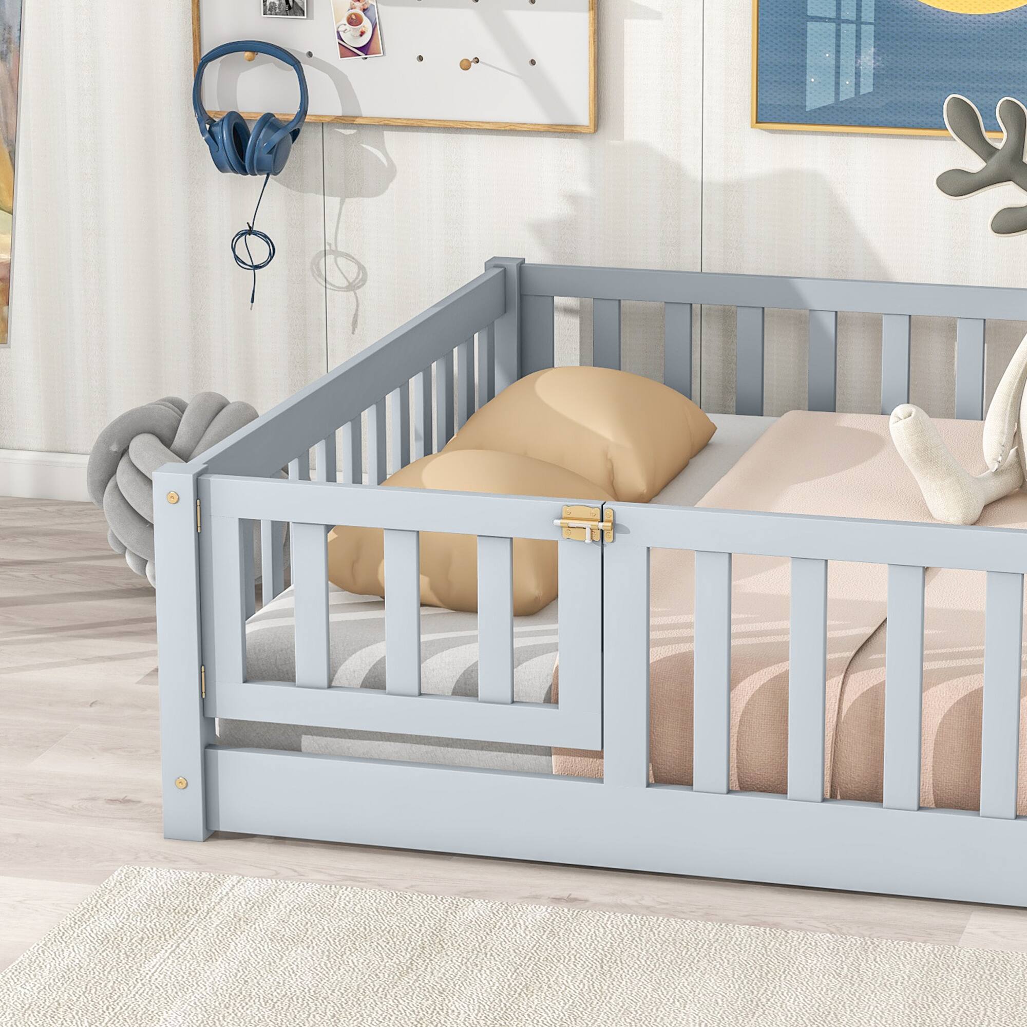 Alt View 2. GOODSILO - Full Size Low Profile Children's Floor Bed with Safety Guardrails and Entry Door, Solid Wood Construction - Grey.