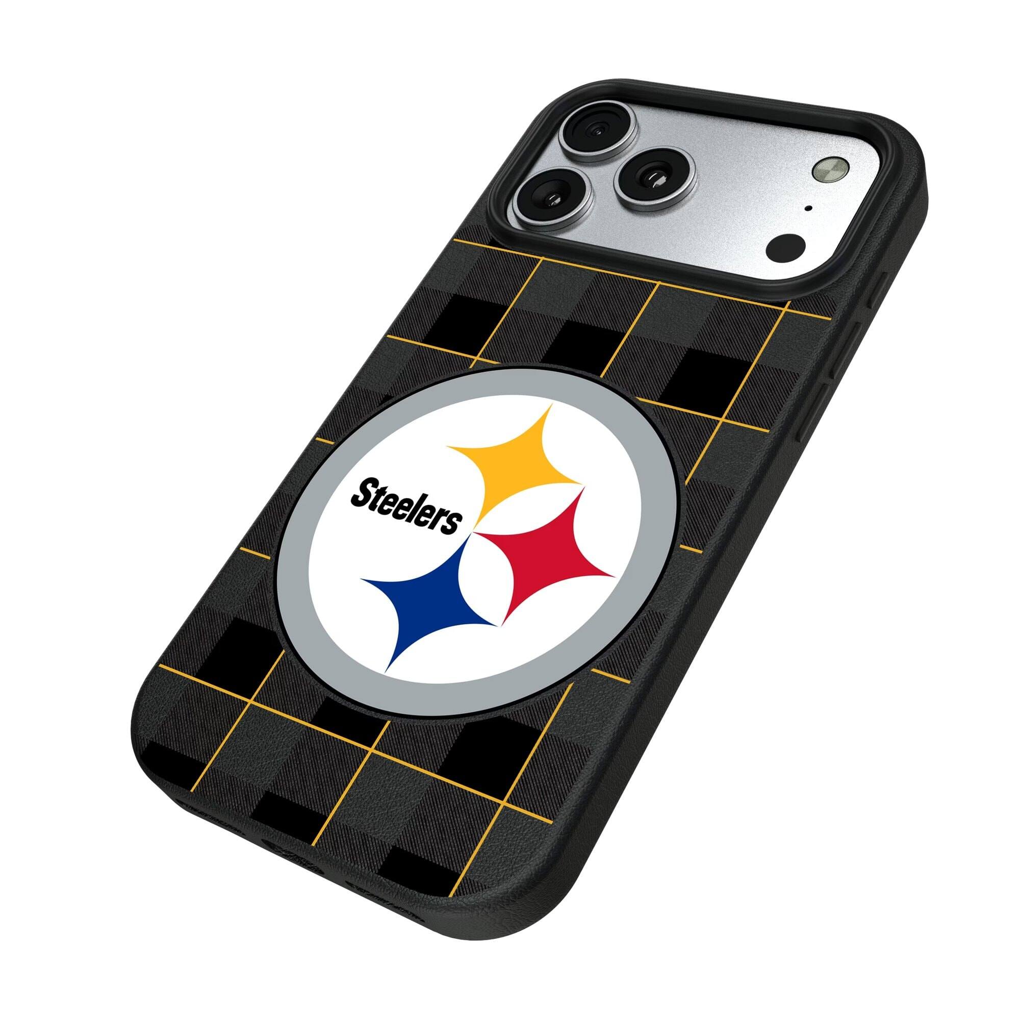 Alt View 1. Keyscaper - Pittsburgh Steelers Plaid Magnetic Bump iPhone Case - 15 Pro Max - Black.