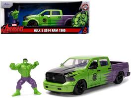 Jada - 2014 RAM 1500 Pickup Truck Green and Purple and Hulk Diecast Figure "Marvel Avengers" "Hollywood Rides" Series 1/24 - Green,Purple