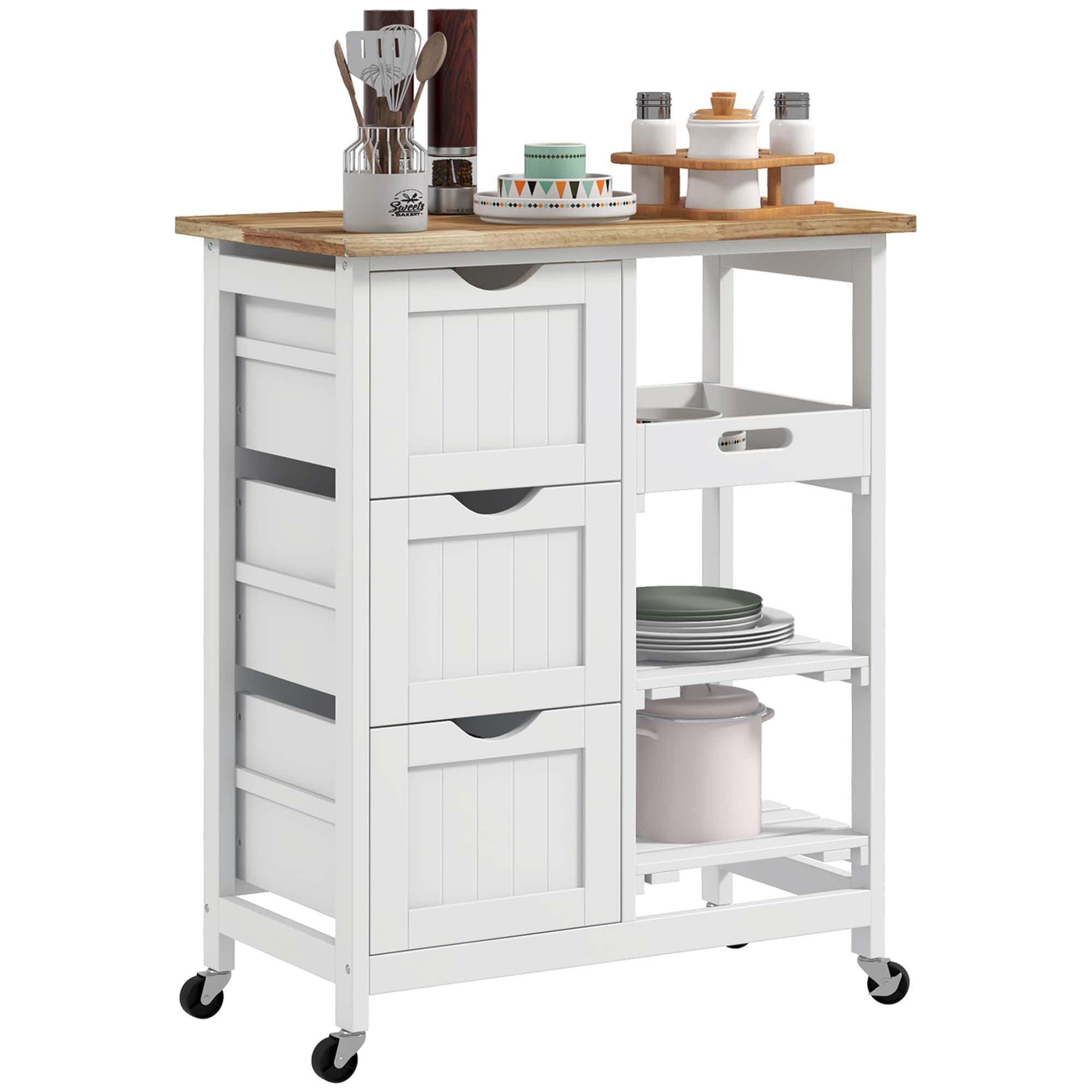 Front. Homcom - Rolling Kitchen Island Cart, Bar Serving Cart, Compact Trolley on Wheels with Wood Top, Shelves & Drawers for Dining - White.