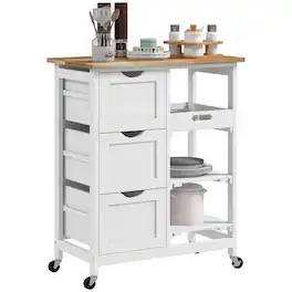 Homcom - Rolling Kitchen Island Cart, Bar Serving Cart, Compact Trolley on Wheels with Wood Top, Shelves & Drawers for Dining - White