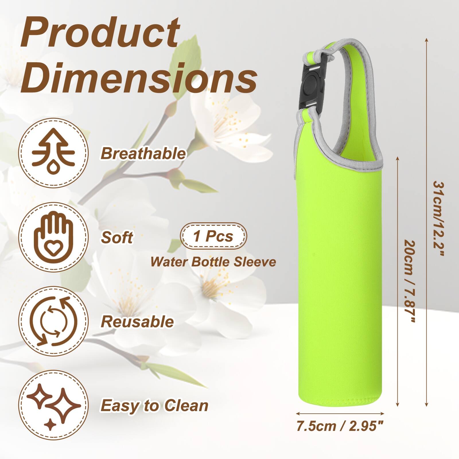 Product Dimensions: Breathable, Soft, 1 Pcs Water Bottle Sleeve, Reusable, Easy to Clean  
20cm / 7.87"  
31cm / 12.2"  
7.5cm / 2.95"