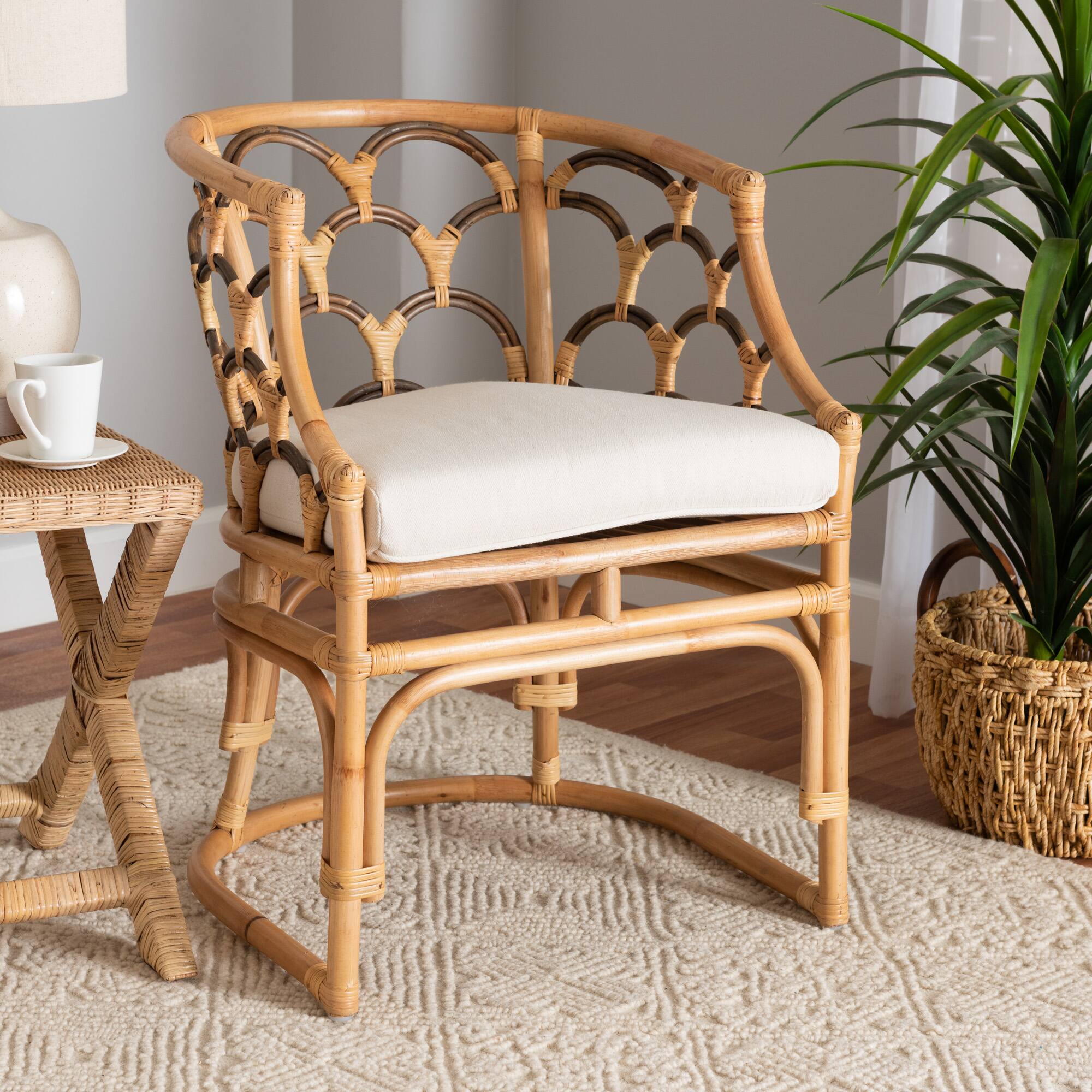 Alt View 4. bali & pari - Aster Modern Bohemian Rattan Armchair - White/Natural Brown.