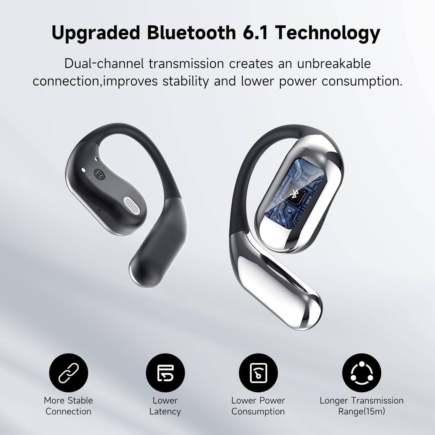 Upgraded Bluetooth 6.1 Technology

Dual-channel transmission creates an unbreakable connection, improves stability and lower power consumption.

- More Stable Connection
- Lower Latency
- Lower Power Consumption
- Longer Transmission Range (15m)