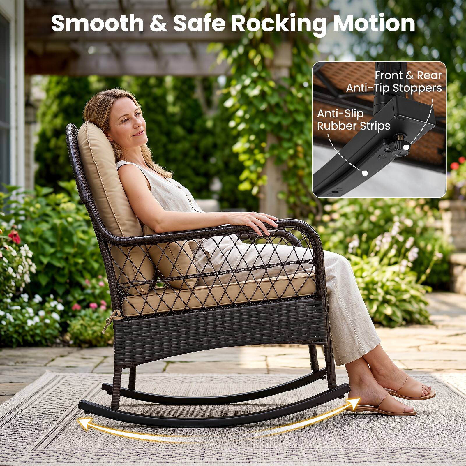 Smooth & Safe Rocking Motion  
Front & Rear Anti-Tip Stoppers  
Anti-Slip Rubber Strips