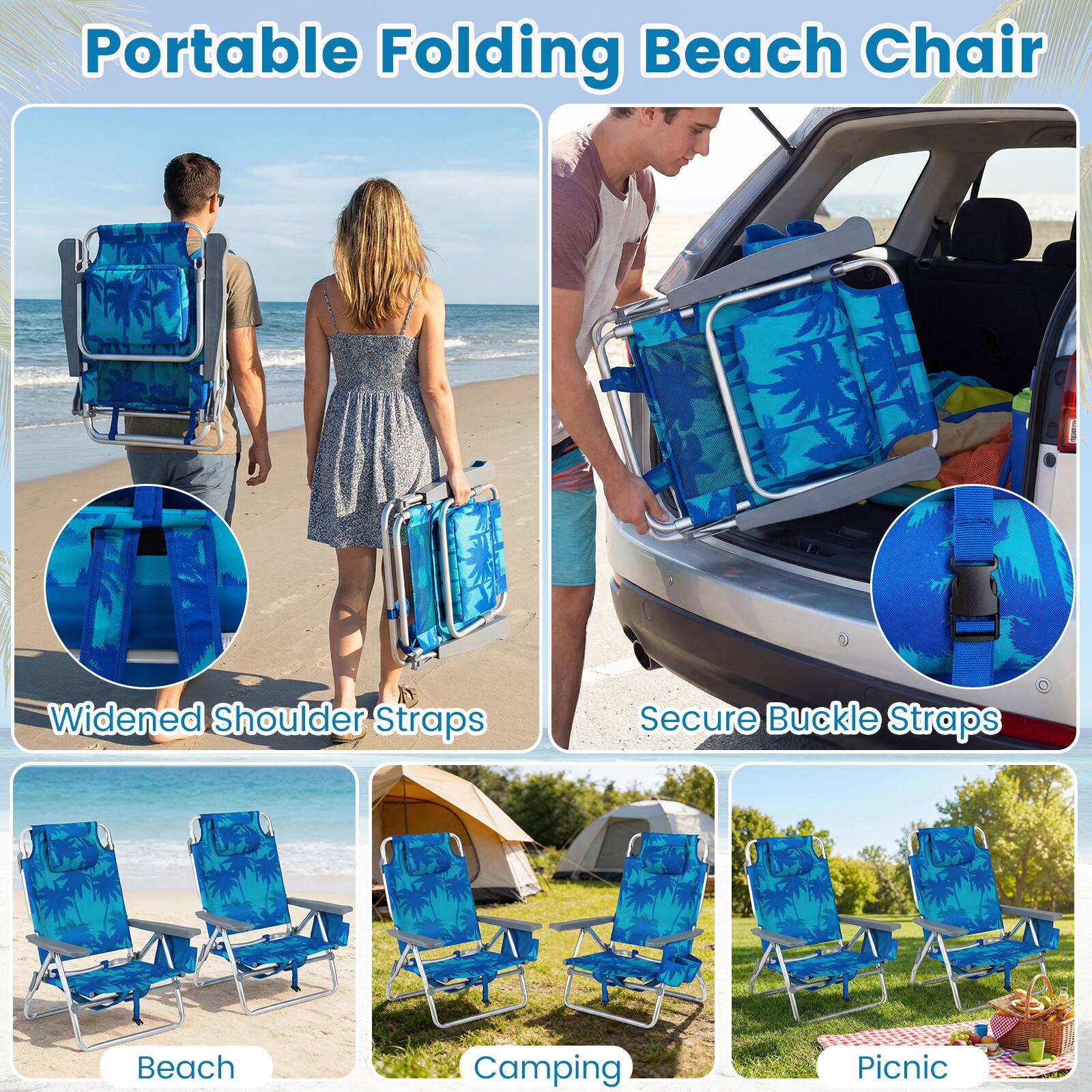 Portable Folding Beach Chair  
Widened Shoulder Straps  
Secure Buckle Straps  
Beach Camping Picnic