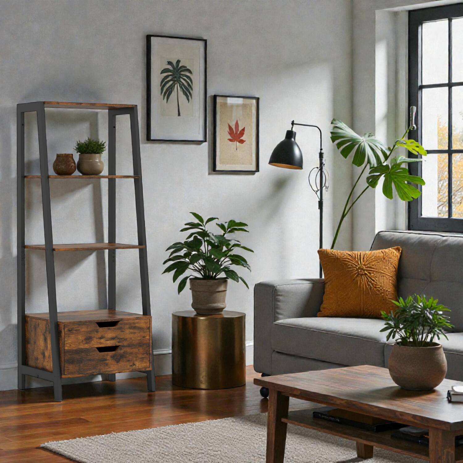 Front. Hivvago - Freestanding 4-Shelf Storage Rack with Two Pull-Out Drawers - Rustic Brown.