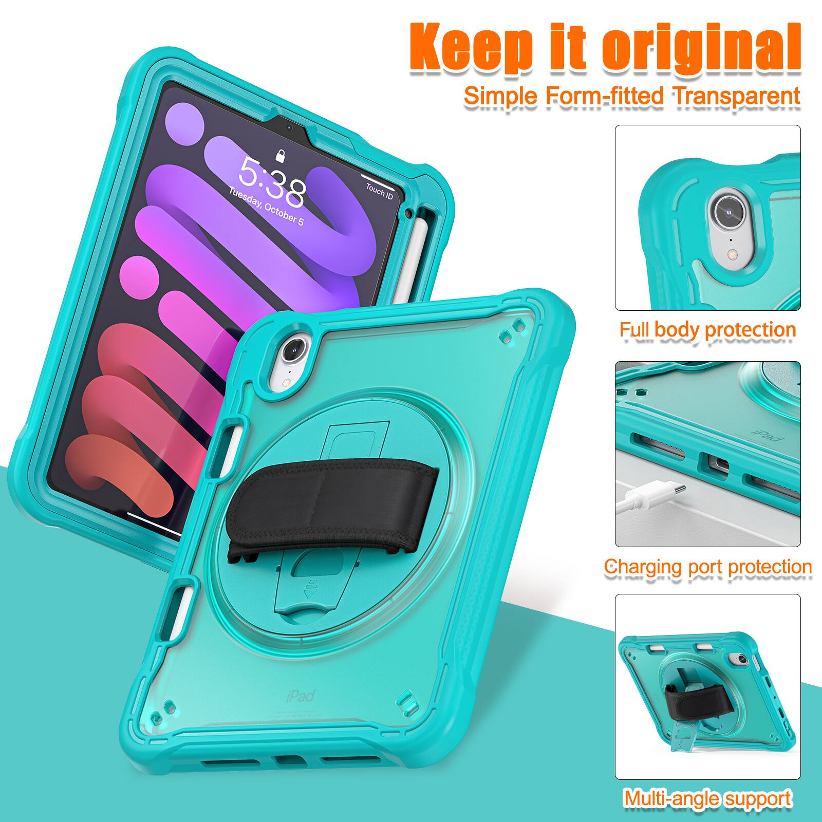 Keep it original  
Simple Form-fitted Transparent  

Tuesday, 5:38  
October 5  

TouchID  

Full body protection  
Charging port protection  
Multi-angle support