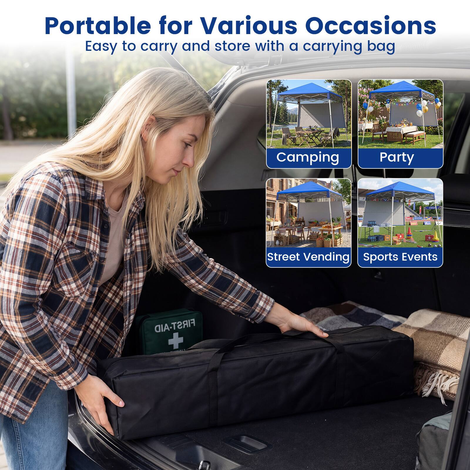 Portable for Various Occasions  
Easy to carry and store with a carrying bag  

Camping  
Party  
Street Vending  
Sports Events