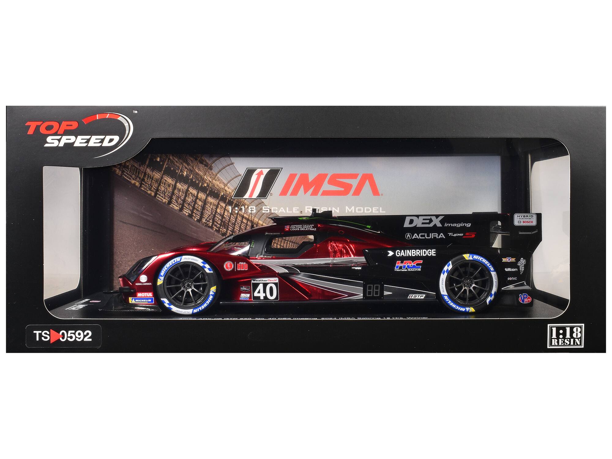 TOP SPEED IMSA  
1:18 SCALE RESIN MODEL  
DEX Imaging  
IMSA  
Acura Type S  
Gainbridge  
Michelin  
MOTUL  
WICRETTA  
TS 0592