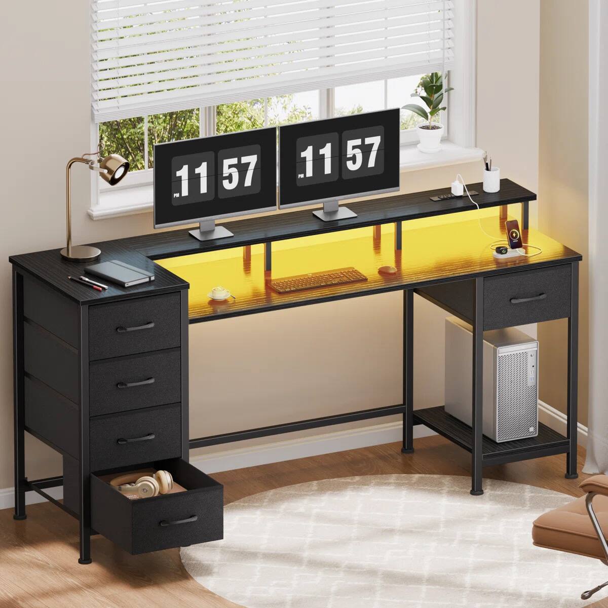 Alt View 3. Furnulem - 55 Inches Computer Desk with Monitor Stand Charging Station  LED Lights Gaming Desk with Drawers for Home Office - Black.