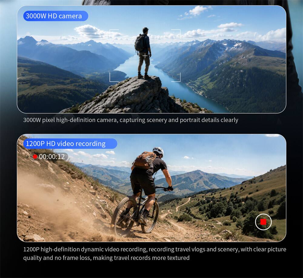 3000W HD camera  
3000W pixel high-definition camera, capturing scenery and portrait details clearly  

1200P HD video recording  
00:00:12  
1200P high-definition dynamic video recording, recording travel vlogs and scenery, with clear picture quality and no frame loss, making travel records more textured
