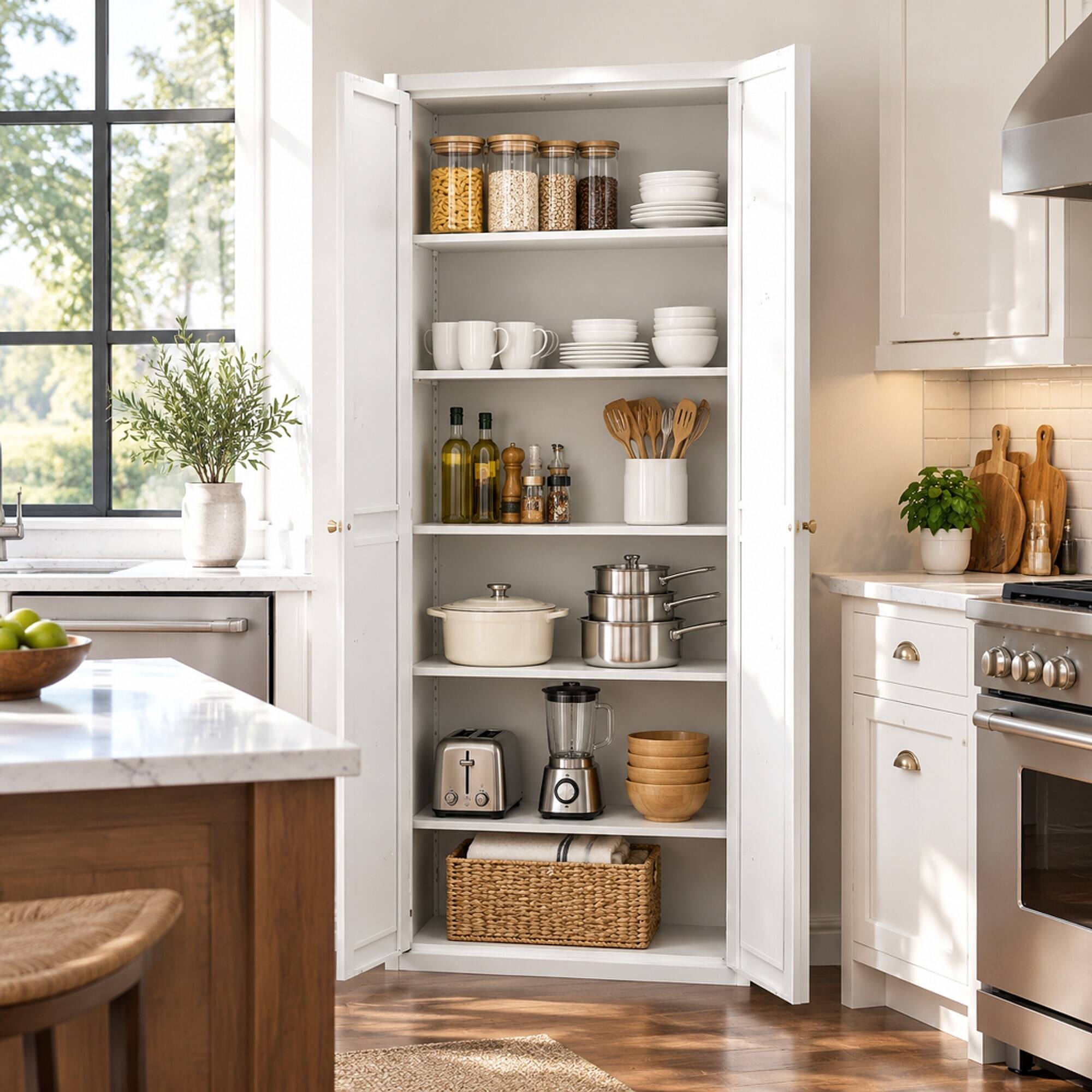 Angle. RYHNUYNE - Freestanding Metal Storage Cabinet with 2 Doors and Adjustable Shelves, Steel Kitchen Pantry Cabinet - White.