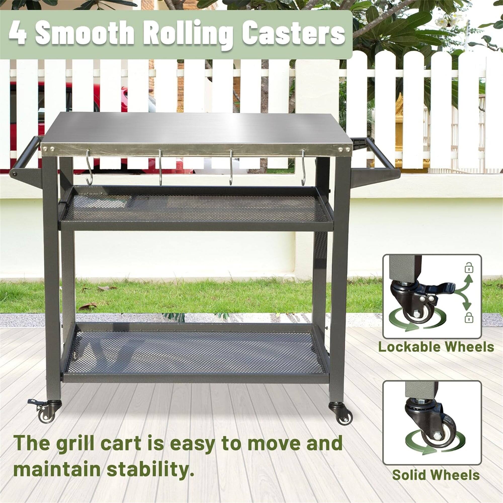 4 Smooth Rolling Casters

The grill cart is easy to move and maintain stability.

Lockable Wheels

Solid Wheels