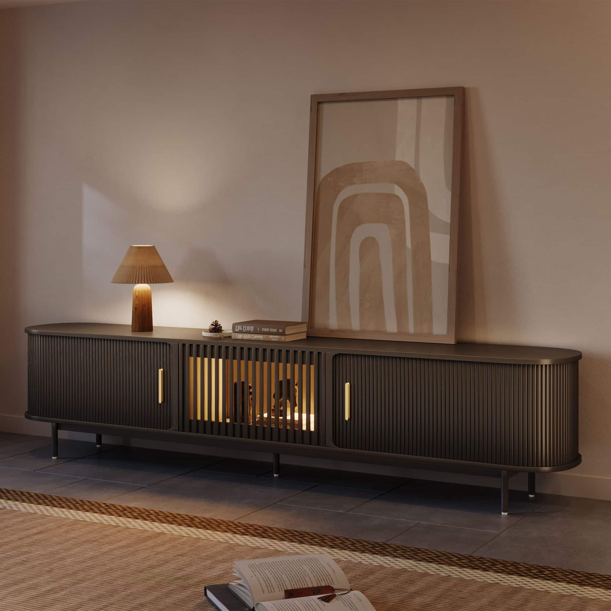 POVISON - 94"Mid-Century Modern Tambour Door TV Stand with LED Lights - Black with LED Lights