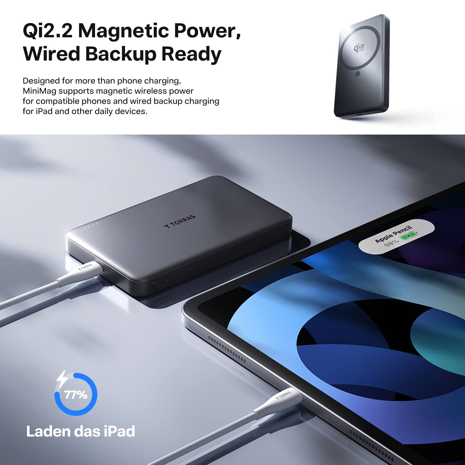 Qi2.2 Magnetic Power, Wired Backup Ready

Designed for more than phone charging, MiniMag supports magnetic wireless power for compatible phones and wired backup charging for iPad and other daily devices.

sip T TORRAS Pencil Apple 98% FIA ........t 77% TOREAS Laden das iPad 9999999