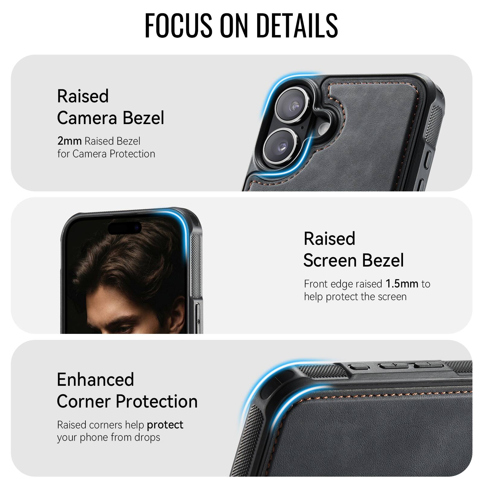 FOCUS ON DETAILS

Raised Camera Bezel
2mm Raised Bezel for Camera Protection

Raised Screen Bezel
Front edge raised 1.5mm to help protect the screen

Enhanced Corner Protection
Raised corners help protect your phone from drops