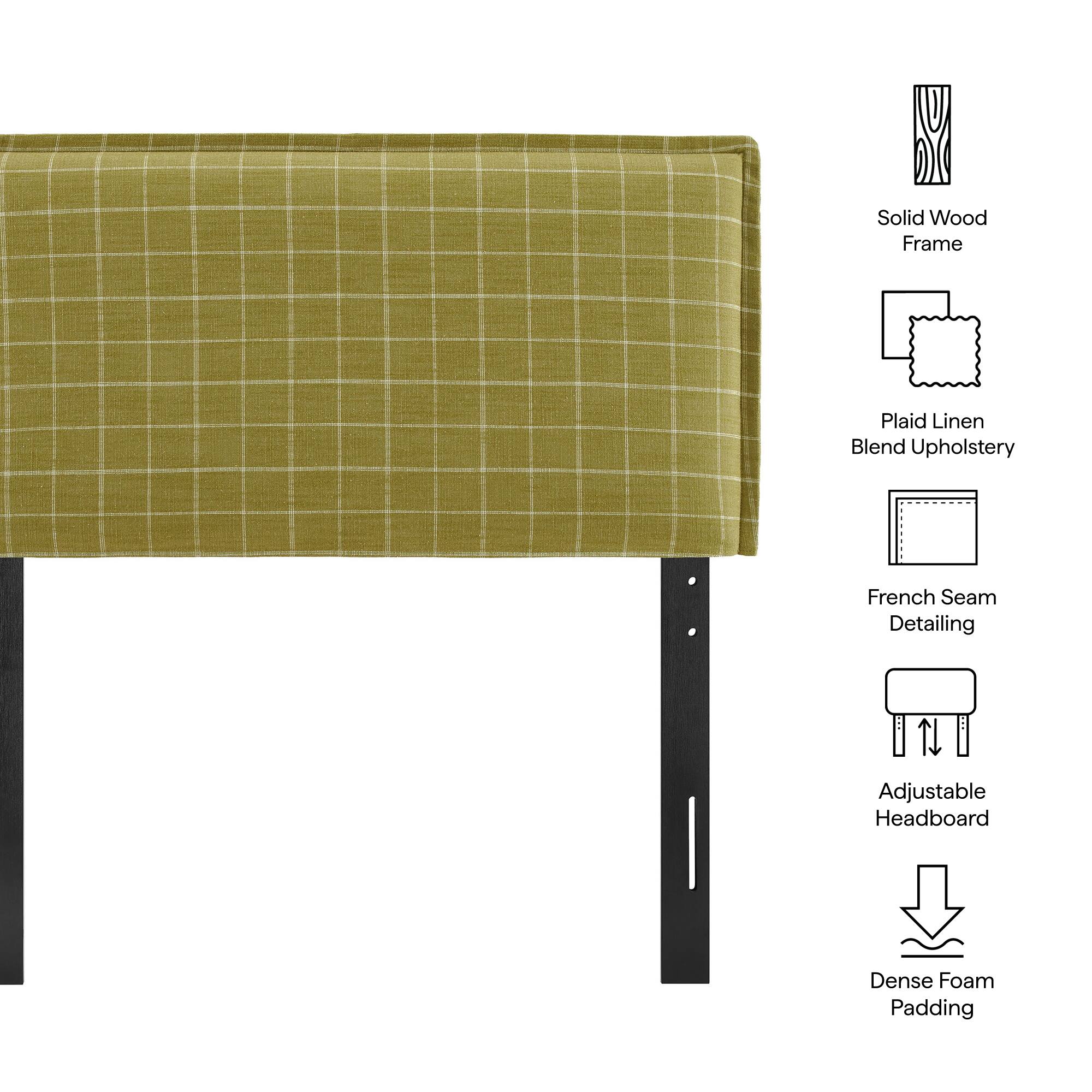 Solid Wood Frame  
Plaid Linen Blend Upholstery  
French Seam Detailing  
Adjustable Headboard  
Dense Foam Padding