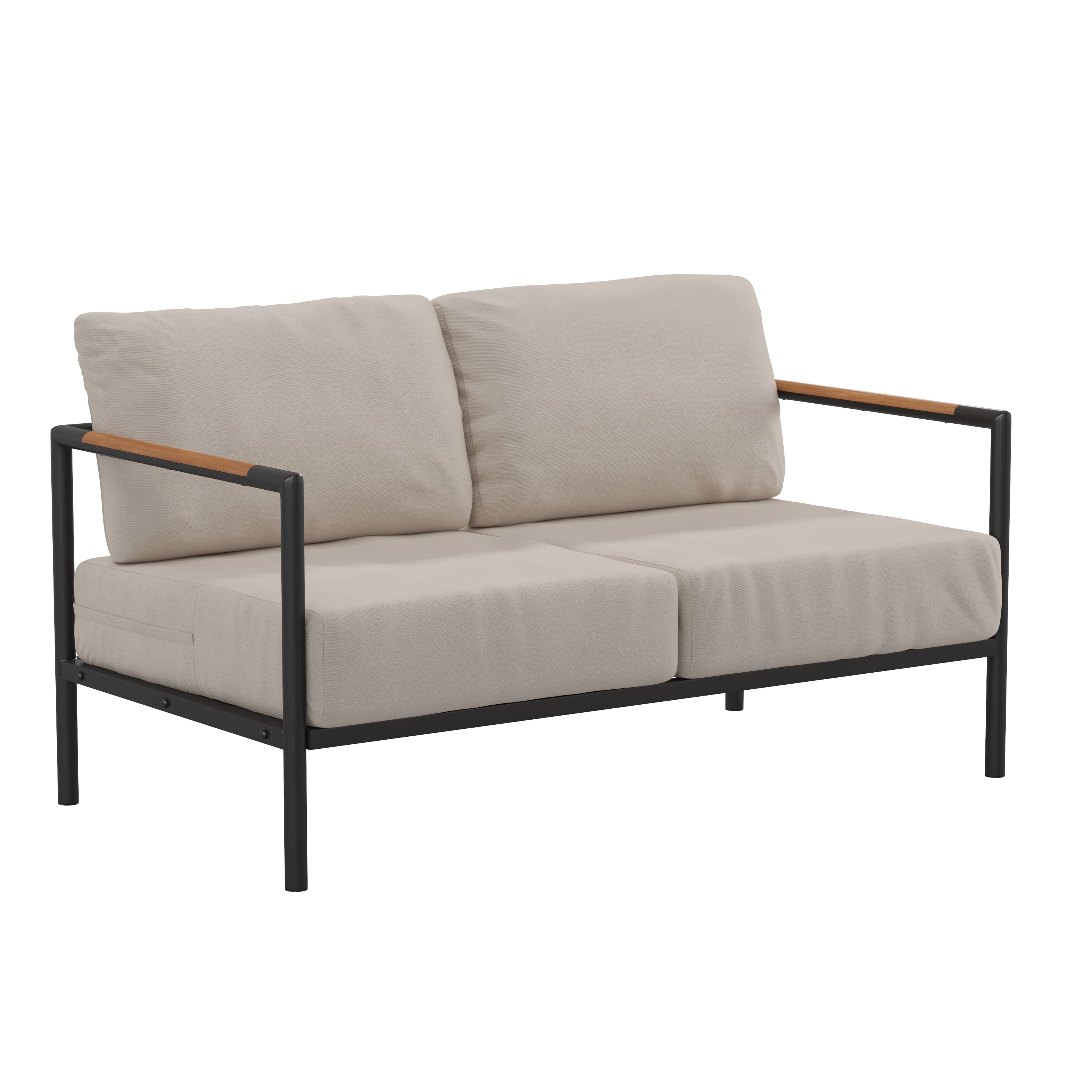 Front. Alamont Home - Lea Indoor/Outdoor Patio Loveseat with Cushions - Modern Aluminum Framed Loveseat with Teak Accent Arms - Beige.
