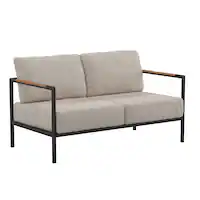 Alamont Home - Lea Indoor/Outdoor Patio Loveseat with Cushions - Modern Aluminum Framed Loveseat with Teak Accent Arms - Beige - Front_Zoom