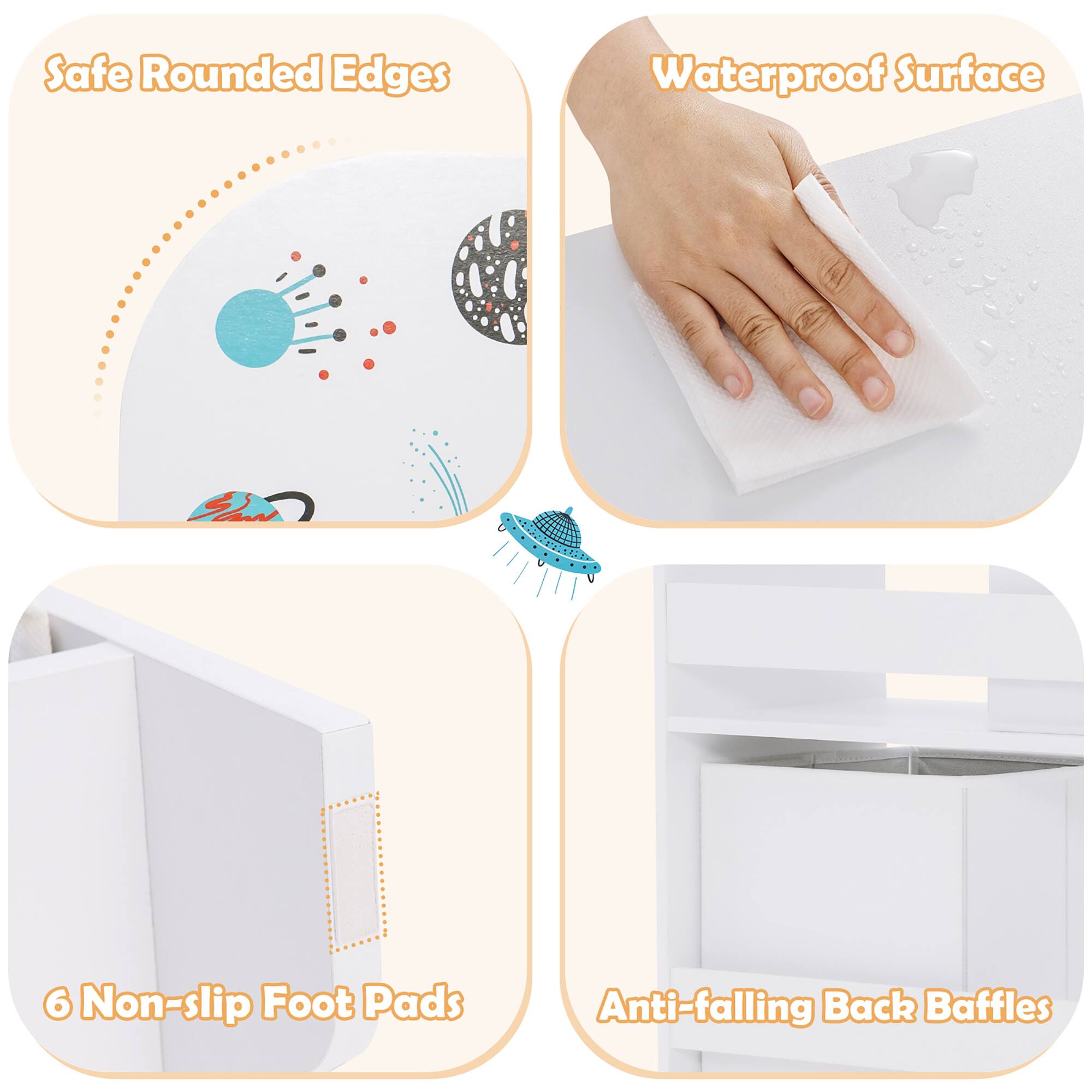 - Safe Rounded Edges
- Waterproof Surface
- 6 Non-slip Foot Pads
- Anti-falling Back Baffles