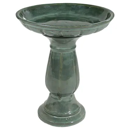 Front. Sunnydaze - Avignon Glazed Ceramic Bird Bath - 18.75" H - Green.