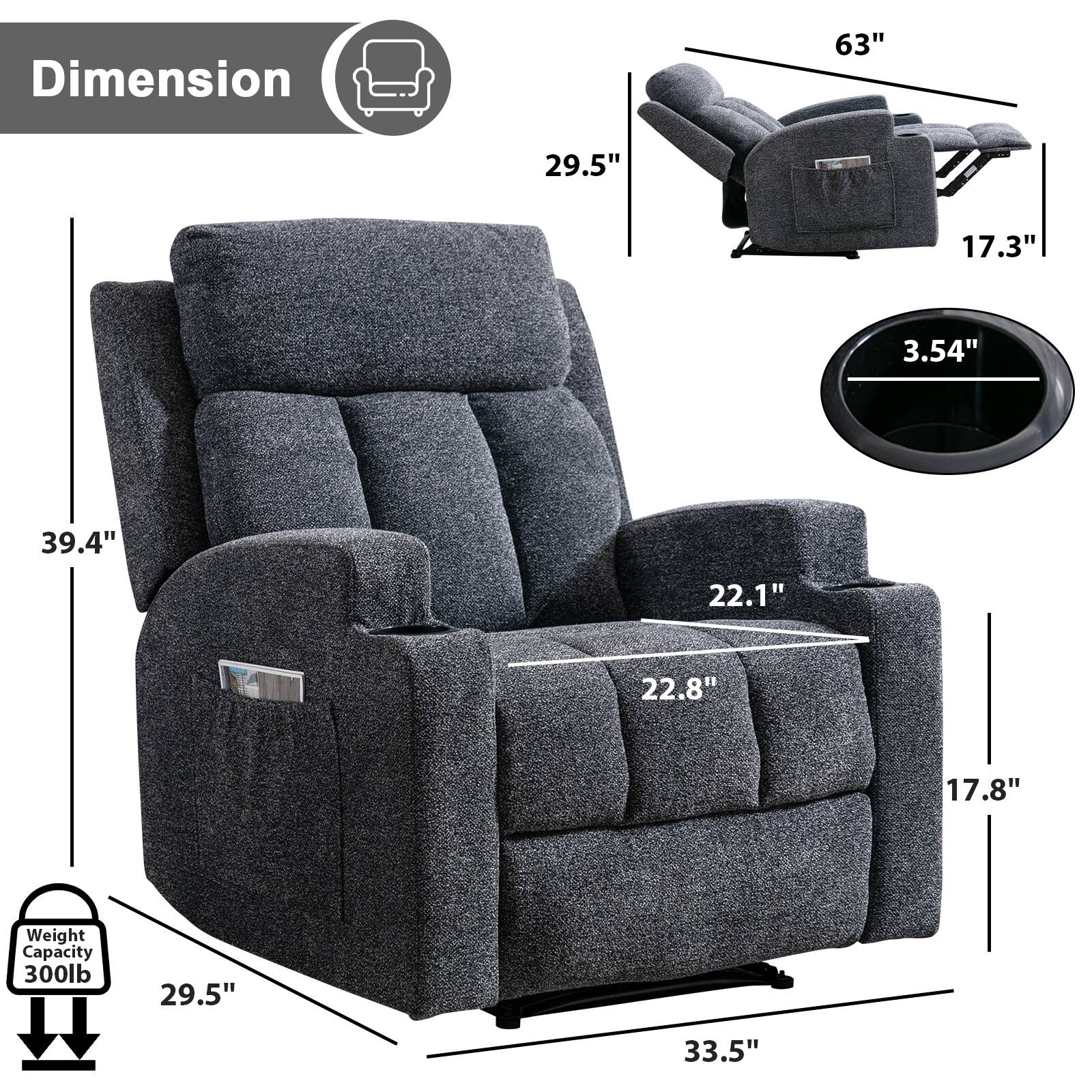 Dimension: 63" x 29.5" x 17.3" x 3.54" x 39.4" x 22.1" x 22.8" x 17.8"
Weight Capacity: 300 lb