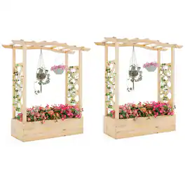 Gymax - 2PCS Wooden Raised Garden Bed w/ Trellis & Hanging Roof Planter Box for Garden - Natural