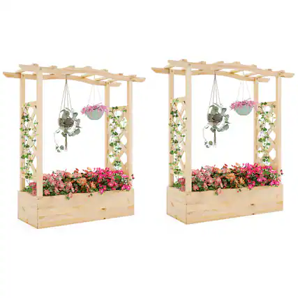 Front. Gymax - Gymax 2PCS Wooden Raised Garden Bed w/ Trellis & Hanging Roof Planter Box for Garden - Natural.