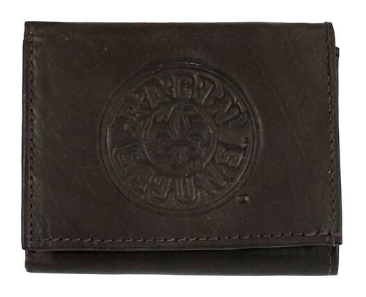 Front. Rico Industries - Louisiana Lafayette Ragin Cajuns Embossed Trifold Wallet - Soft Dark Brown Leather - with Worn Distressed Look - Multi.