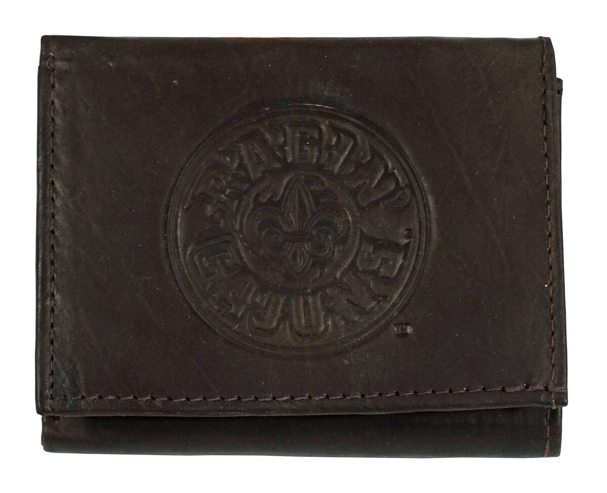 Front. Rico Industries - Louisiana Lafayette Ragin Cajuns Embossed Trifold Wallet - Soft Dark Brown Leather - with Worn Distressed Look - Multi.
