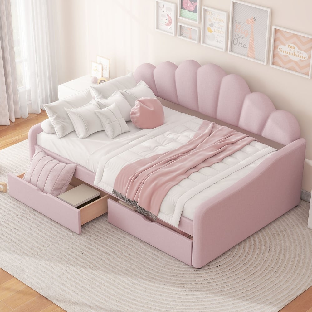 Loheer - Full Size Velvet Daybed with 2 Storage Drawers and Shell Shaped Backrest - Pink price history on PriceWatchPro