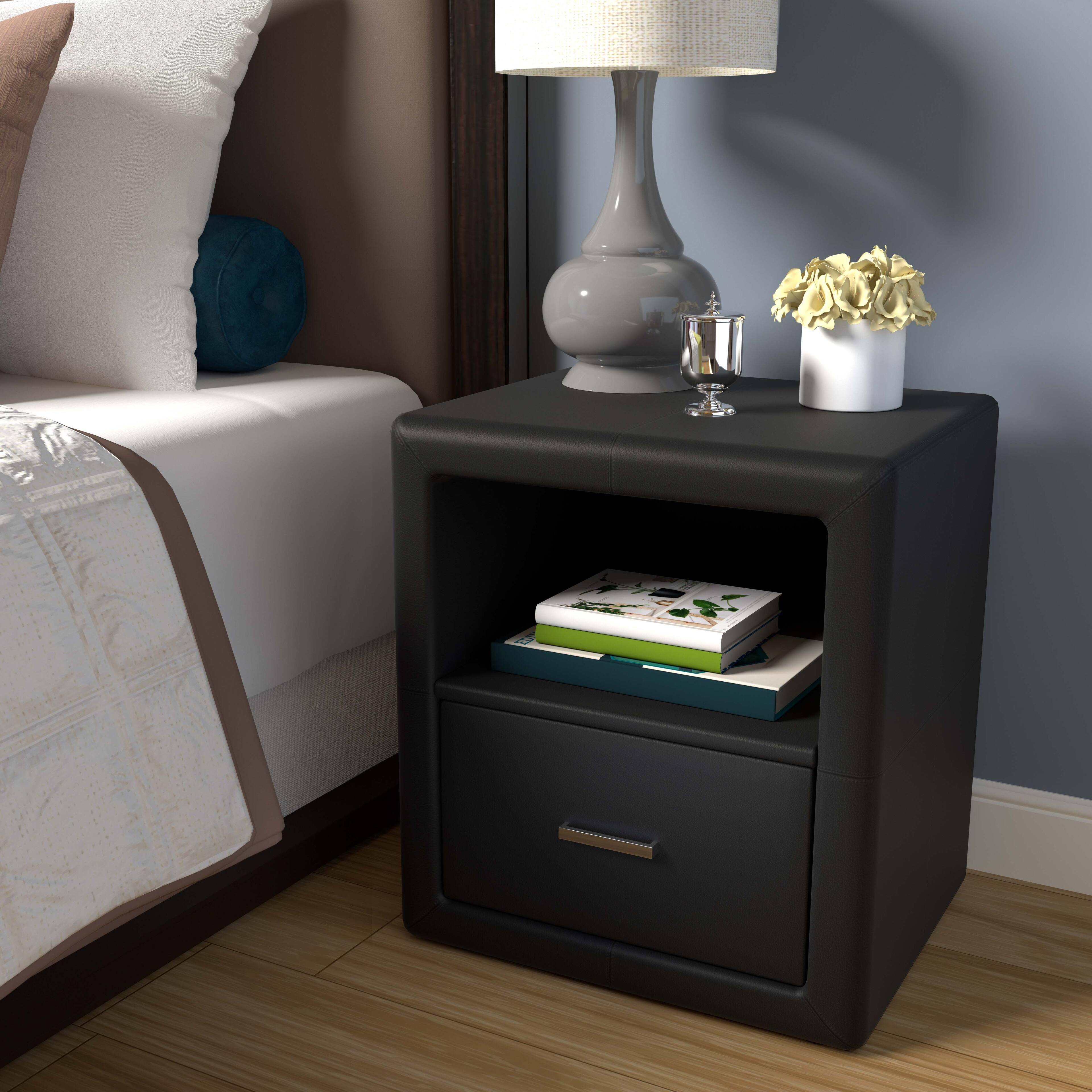 Alt View 3. Boyd Sleep - Boyd Sleep Lombardi Faux Leather One Drawer Nightstand- Pre-Assembled- Low profile bedroom end table - Black.