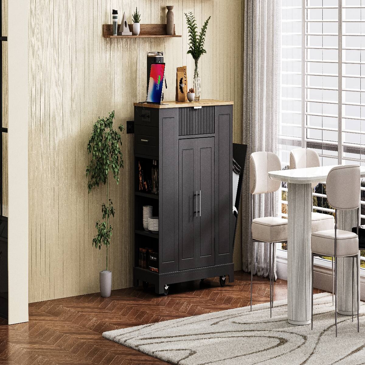 Alt View 2. Loheer - Loheer Black Fluted Kitchen Island with Trash Can Storage, Rubberwood Top & Power Outlet, 48.5in - Black.